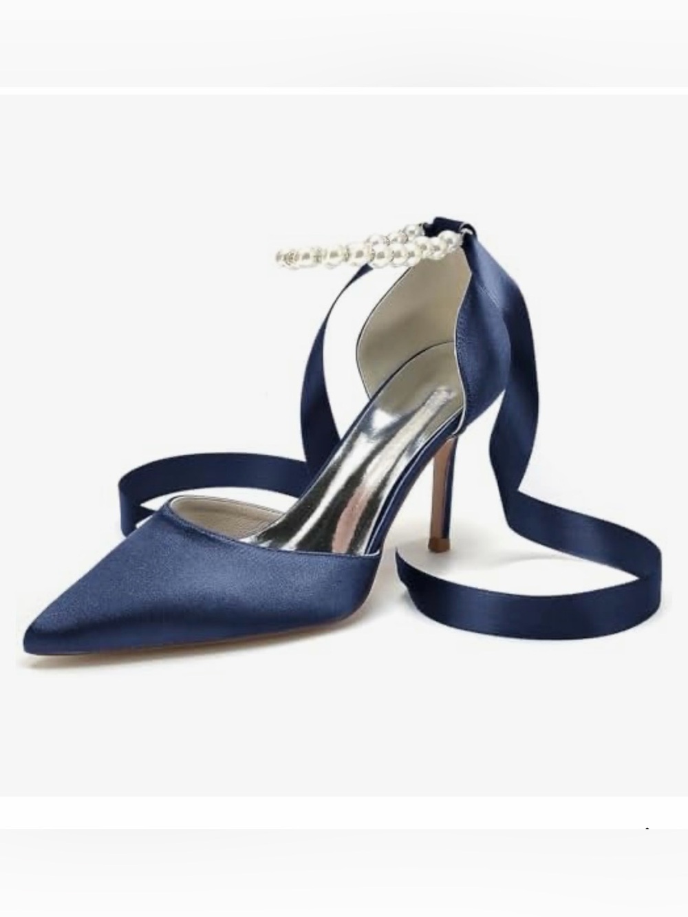 Women's Pointed Toe Wedding Shoes Bridal High Heel Satin Pearls Ribbon NEW 9.5